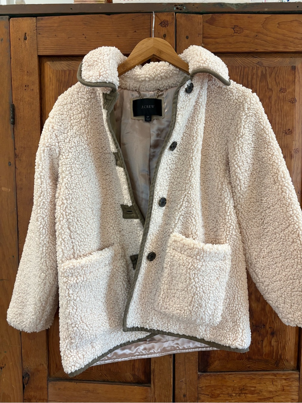 J. Crew Cream Sherpa Teddy Jacket with Olive Trim
